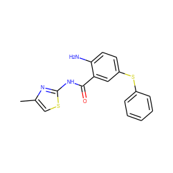 Cc1csc(NC(=O)c2cc(Sc3ccccc3)ccc2N)n1 ZINC000045497252