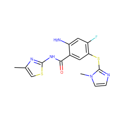 Cc1csc(NC(=O)c2cc(Sc3nccn3C)c(F)cc2N)n1 ZINC000071296014