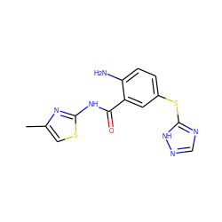 Cc1csc(NC(=O)c2cc(Sc3ncn[nH]3)ccc2N)n1 ZINC000040829117