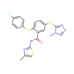 Cc1csc(NC(=O)c2cc(Sc3nncn3C)ccc2Sc2ccc(F)cc2)n1 ZINC000043063864