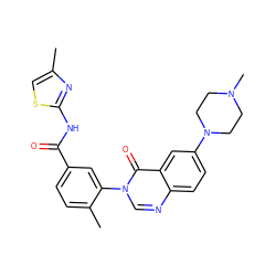 Cc1csc(NC(=O)c2ccc(C)c(-n3cnc4ccc(N5CCN(C)CC5)cc4c3=O)c2)n1 ZINC000084653679