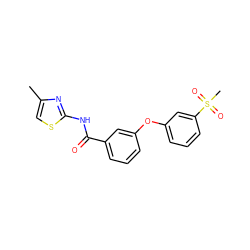 Cc1csc(NC(=O)c2cccc(Oc3cccc(S(C)(=O)=O)c3)c2)n1 ZINC000040408005