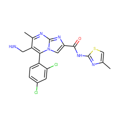 Cc1csc(NC(=O)c2cn3c(-c4ccc(Cl)cc4Cl)c(CN)c(C)nc3n2)n1 ZINC000058575857