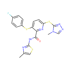 Cc1csc(NC(=O)c2nc(Sc3nncn3C)ccc2Sc2ccc(F)cc2)n1 ZINC000038801660