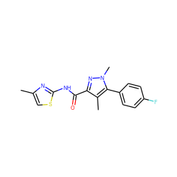 Cc1csc(NC(=O)c2nn(C)c(-c3ccc(F)cc3)c2C)n1 ZINC000095602901