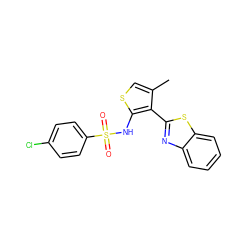 Cc1csc(NS(=O)(=O)c2ccc(Cl)cc2)c1-c1nc2ccccc2s1 ZINC000001028598