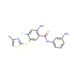 Cc1csc(Sc2cc(C(=O)Nc3cccc(N)c3)c(N)cc2F)n1 ZINC000045358799