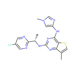 Cc1csc2c(Nc3cn(C)cn3)nc(N[C@@H](C)c3ncc(F)cn3)nc12 ZINC000095921166