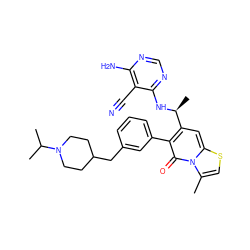 Cc1csc2cc([C@H](C)Nc3ncnc(N)c3C#N)c(-c3cccc(CC4CCN(C(C)C)CC4)c3)c(=O)n12 ZINC001772594401