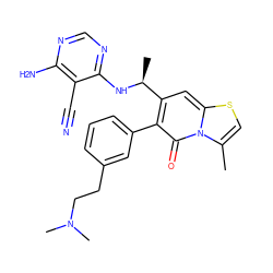 Cc1csc2cc([C@H](C)Nc3ncnc(N)c3C#N)c(-c3cccc(CCN(C)C)c3)c(=O)n12 ZINC001772653988