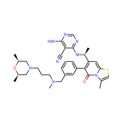 Cc1csc2cc([C@H](C)Nc3ncnc(N)c3C#N)c(-c3cccc(CN(C)CCCN4C[C@H](C)O[C@H](C)C4)c3)c(=O)n12 ZINC001772637187