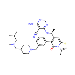 Cc1csc2cc([C@H](C)Nc3ncnc(N)c3C#N)c(-c3cccc(CN4CCC(CN(C)CC(C)C)CC4)c3)c(=O)n12 ZINC001772575170