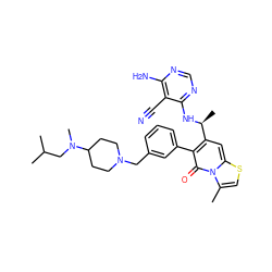 Cc1csc2cc([C@H](C)Nc3ncnc(N)c3C#N)c(-c3cccc(CN4CCC(N(C)CC(C)C)CC4)c3)c(=O)n12 ZINC001772635851