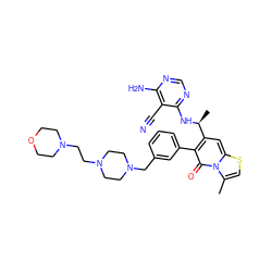 Cc1csc2cc([C@H](C)Nc3ncnc(N)c3C#N)c(-c3cccc(CN4CCN(CCN5CCOCC5)CC4)c3)c(=O)n12 ZINC001772649937