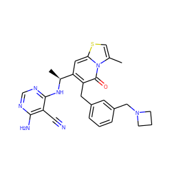 Cc1csc2cc([C@H](C)Nc3ncnc(N)c3C#N)c(Cc3cccc(CN4CCC4)c3)c(=O)n12 ZINC001772602492