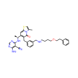 Cc1csc2cc([C@H](C)Nc3ncnc(N)c3C#N)c(Cc3cccc(CNCCCCOCCc4ccccc4)c3)c(=O)n12 ZINC001772603784