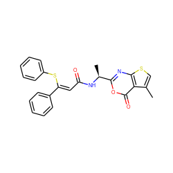 Cc1csc2nc([C@H](C)NC(=O)/C=C(\Sc3ccccc3)c3ccccc3)oc(=O)c12 ZINC000027517602