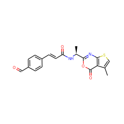 Cc1csc2nc([C@H](C)NC(=O)/C=C/c3ccc(C=O)cc3)oc(=O)c12 ZINC000027518377