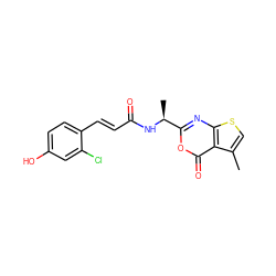 Cc1csc2nc([C@H](C)NC(=O)/C=C/c3ccc(O)cc3Cl)oc(=O)c12 ZINC000027518019