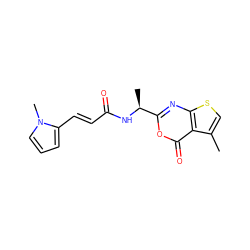 Cc1csc2nc([C@H](C)NC(=O)/C=C/c3cccn3C)oc(=O)c12 ZINC000027519173