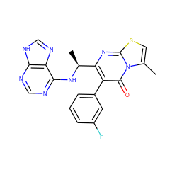 Cc1csc2nc([C@H](C)Nc3ncnc4[nH]cnc34)c(-c3cccc(F)c3)c(=O)n12 ZINC000095564453