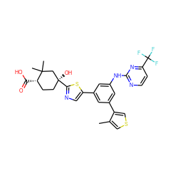 Cc1cscc1-c1cc(Nc2nccc(C(F)(F)F)n2)cc(-c2cnc([C@@]3(O)CC[C@H](C(=O)O)C(C)(C)C3)s2)c1 ZINC000221418208