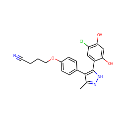 Cc1n[nH]c(-c2cc(Cl)c(O)cc2O)c1-c1ccc(OCCCC#N)cc1 ZINC000028459387