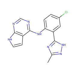 Cc1n[nH]c(-c2cc(Cl)ccc2Nc2ncnc3[nH]ccc23)n1 ZINC000029047758