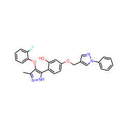 Cc1n[nH]c(-c2ccc(OCc3cnn(-c4ccccc4)c3)cc2O)c1Oc1ccccc1F ZINC000018098651