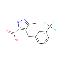 Cc1n[nH]c(C(=O)O)c1Cc1cccc(C(F)(F)F)c1 ZINC000095555897