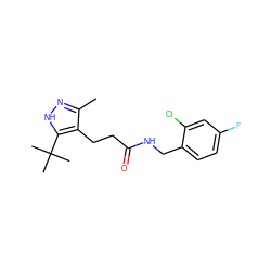 Cc1n[nH]c(C(C)(C)C)c1CCC(=O)NCc1ccc(F)cc1Cl ZINC000058650921