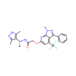 Cc1n[nH]c(C)c1[C@@H](C)NC(=O)COc1cc(C(F)(F)F)c2c(-c3ccccc3)nn(C)c2n1 ZINC000117513083