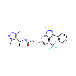 Cc1n[nH]c(C)c1[C@H](C)NC(=O)COc1cc(C(F)(F)F)c2c(-c3ccccc3)nn(C)c2n1 ZINC000117513085