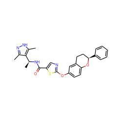 Cc1n[nH]c(C)c1[C@H](C)NC(=O)c1cnc(Oc2ccc3c(c2)CC[C@@H](c2ccccc2)O3)s1 ZINC000261133341