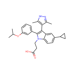 Cc1n[nH]c(C)c1-c1c(-c2cccc(OC(C)C)c2)n(CCC(=O)O)c2ccc(C3CC3)cc12 ZINC000584905598