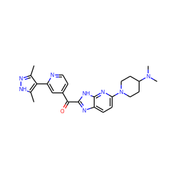 Cc1n[nH]c(C)c1-c1cc(C(=O)c2nc3ccc(N4CCC(N(C)C)CC4)nc3[nH]2)ccn1 ZINC000113146075