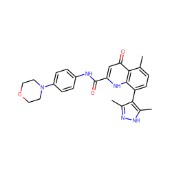 Cc1n[nH]c(C)c1-c1ccc(C)c2c(=O)cc(C(=O)Nc3ccc(N4CCOCC4)cc3)[nH]c12 ZINC000045373897