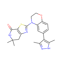 Cc1n[nH]c(C)c1-c1ccc2c(c1)N(c1nc3c(s1)C(=O)NC(C)(C)C3)CCO2 ZINC000040972854