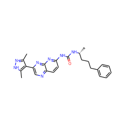 Cc1n[nH]c(C)c1-c1cnc2ccc(NC(=O)N[C@H](C)CCCc3ccccc3)nc2n1 ZINC000169704104