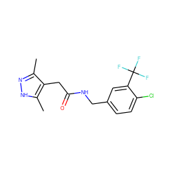 Cc1n[nH]c(C)c1CC(=O)NCc1ccc(Cl)c(C(F)(F)F)c1 ZINC000058608779