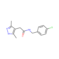 Cc1n[nH]c(C)c1CC(=O)NCc1ccc(Cl)cc1 ZINC000043177548