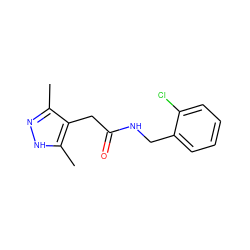 Cc1n[nH]c(C)c1CC(=O)NCc1ccccc1Cl ZINC000021920476