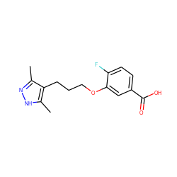 Cc1n[nH]c(C)c1CCCOc1cc(C(=O)O)ccc1F ZINC000098207925