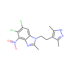 Cc1n[nH]c(C)c1CCn1c(C)nc2c([N+](=O)[O-])c(Cl)c(Cl)cc21 ZINC000653700545