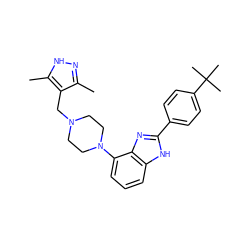 Cc1n[nH]c(C)c1CN1CCN(c2cccc3[nH]c(-c4ccc(C(C)(C)C)cc4)nc23)CC1 ZINC000040431310