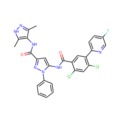 Cc1n[nH]c(C)c1NC(=O)c1cc(NC(=O)c2cc(-c3ccc(F)cn3)c(Cl)cc2Cl)n(-c2ccccc2)n1 ZINC001772585132