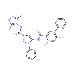 Cc1n[nH]c(C)c1NC(=O)c1cc(NC(=O)c2cc(-c3ccccn3)c(F)cc2Cl)n(-c2ccccc2)n1 ZINC001772620940