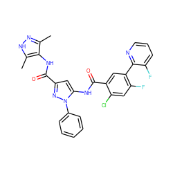 Cc1n[nH]c(C)c1NC(=O)c1cc(NC(=O)c2cc(-c3ncccc3F)c(F)cc2Cl)n(-c2ccccc2)n1 ZINC001772582769