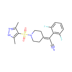 Cc1n[nH]c(C)c1S(=O)(=O)N1CCC(=C(C#N)c2c(F)cccc2F)CC1 ZINC000222813565