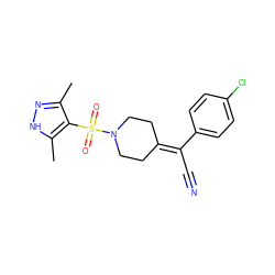 Cc1n[nH]c(C)c1S(=O)(=O)N1CCC(=C(C#N)c2ccc(Cl)cc2)CC1 ZINC000221837090